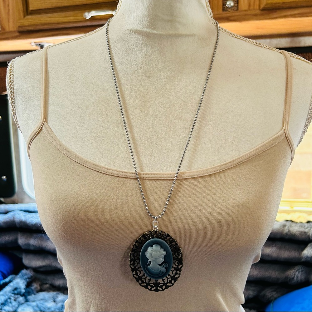 Handcrafted opalescent resin cameo brass filigree pendant ball chain necklace
